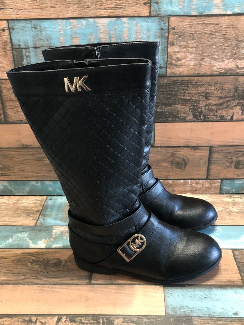MICHAEL KORS Boots Emma Thriller Gold MK Mid Calf Women's Size 4